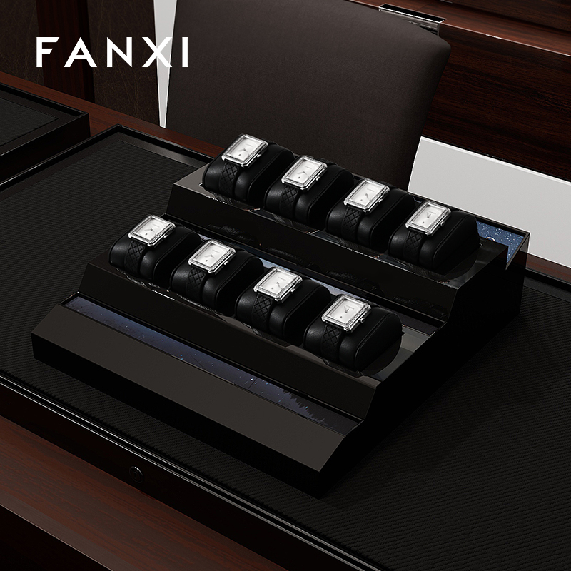 Fanxi luxury black PU leather Baking paint Acrylic watch display