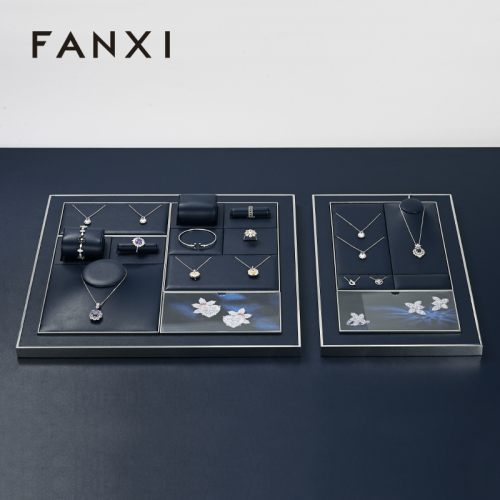 FANXI high end Blue Leather metal jewelry display stand set