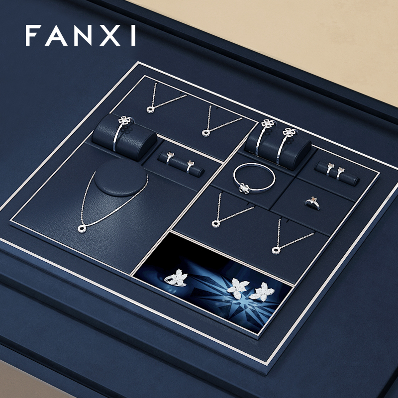 FANXI high end Blue Leather metal jewelry display stand set