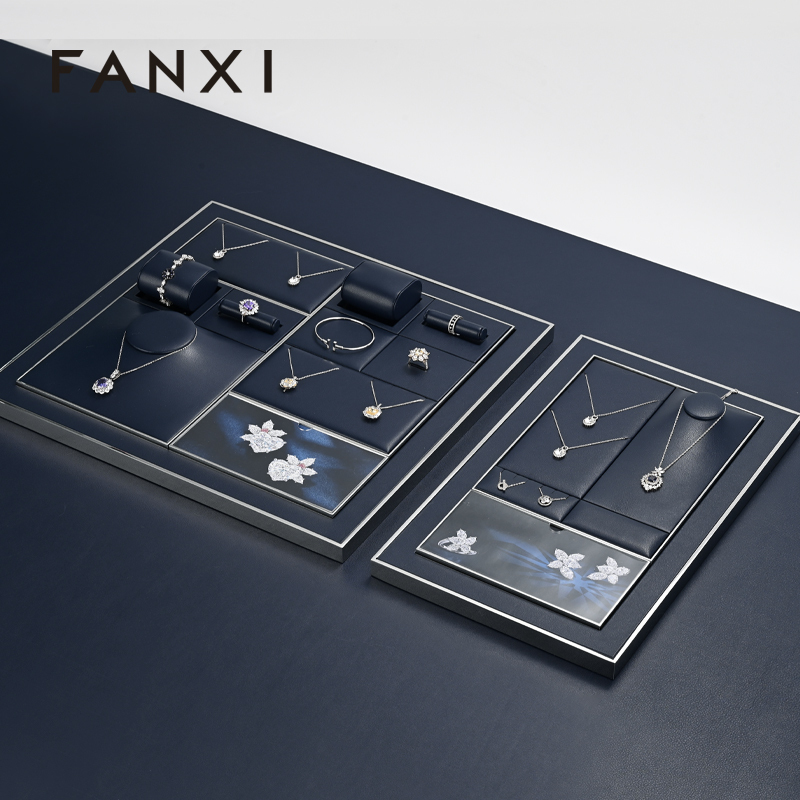 FANXI high end Blue Leather metal jewelry display stand set