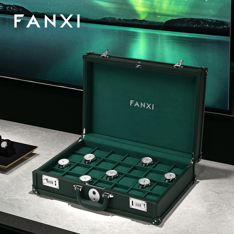 FANXI luxury Dark green leather Microfiber Watch storage suitcase
