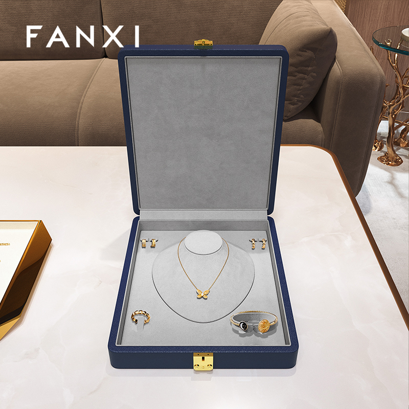 FANXI Fashion blue Microfiber leather jewelry case
