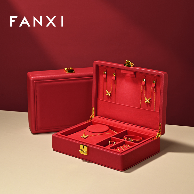 FANXI Fashion Red Faux Fur Leather Jewelry Box