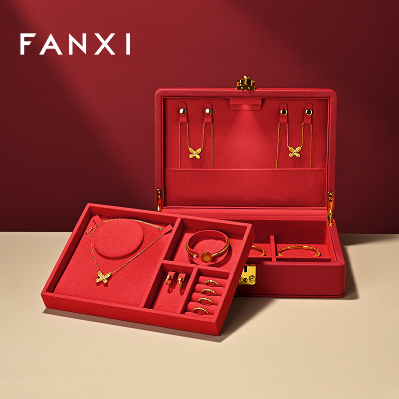 FANXI Fashion Red Faux Fur Leather Jewelry Box