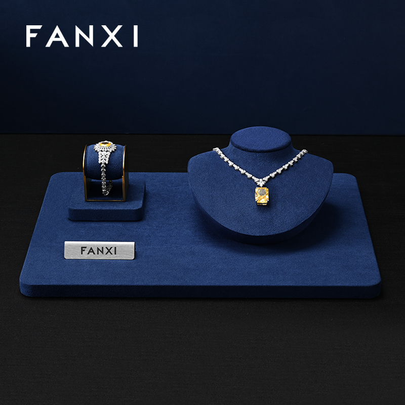 FANXI Luxury Blue Microfiber Metal Jewelry Combination Set