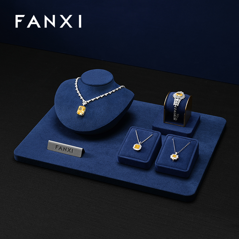 FANXI Luxury Blue Microfiber Metal Jewelry Combination Set