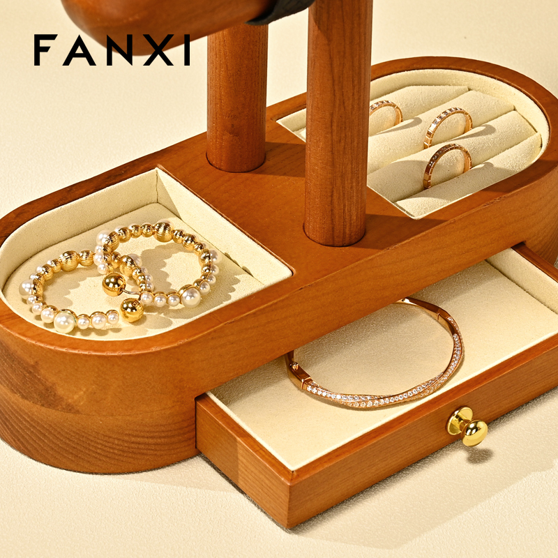 FANXI Hot Sale Beige Wooden Microfiber Jewelry Display