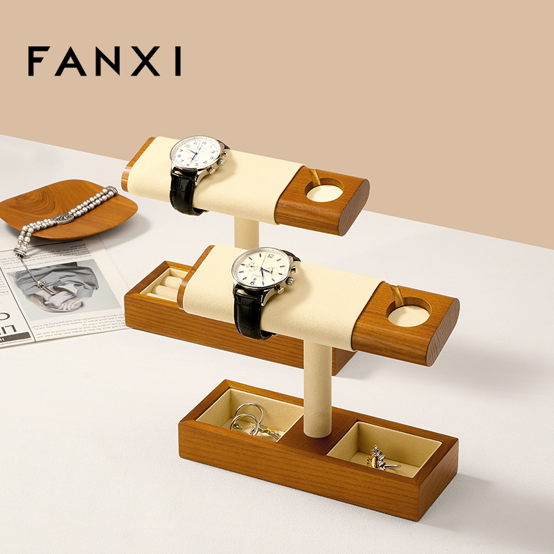FANXI Factory Beige Gray Solid Wood Watch Display Stand