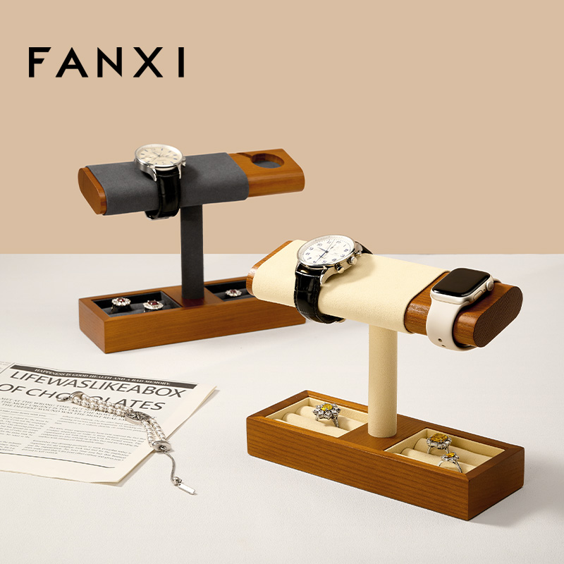 FANXI Factory Beige Gray Solid Wood Watch Display Stand