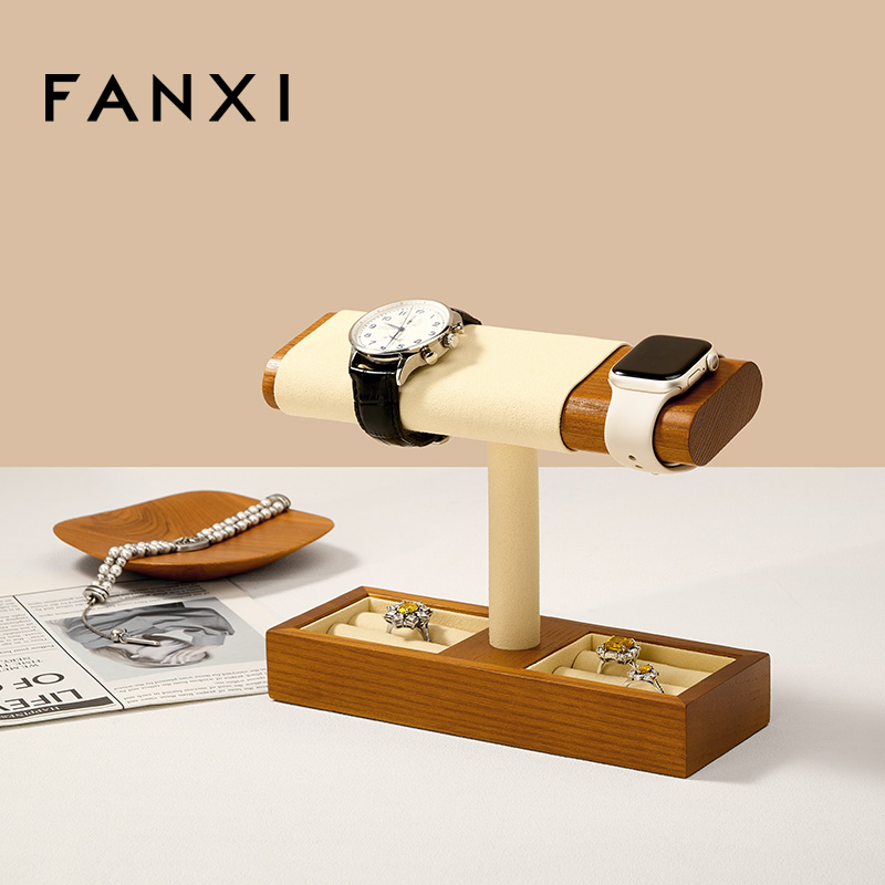 FANXI Factory Beige Gray Solid Wood Watch Display Stand