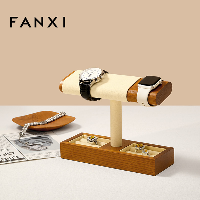 FANXI Factory Beige Gray Solid Wood Watch Display Stand