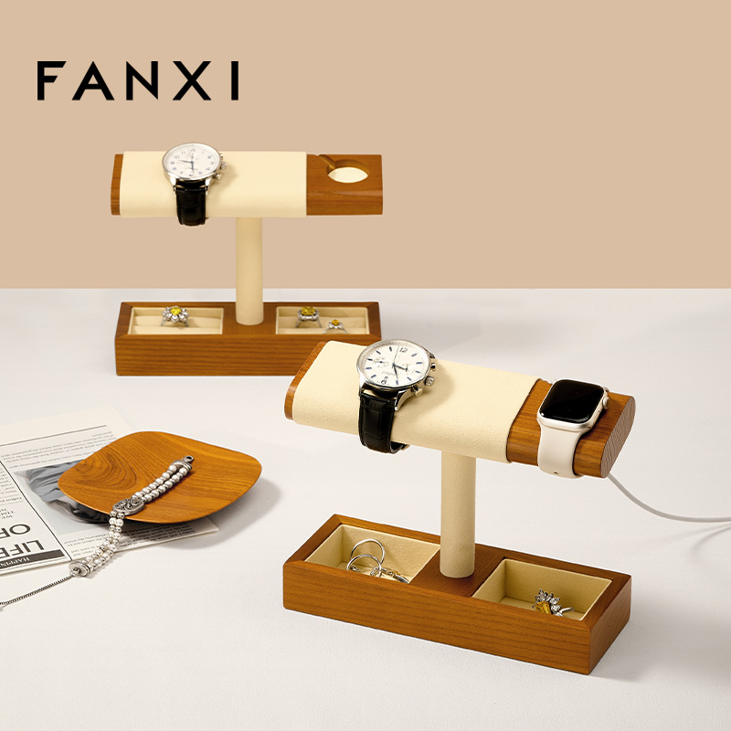 FANXI Factory Beige Gray Solid Wood Watch Display Stand
