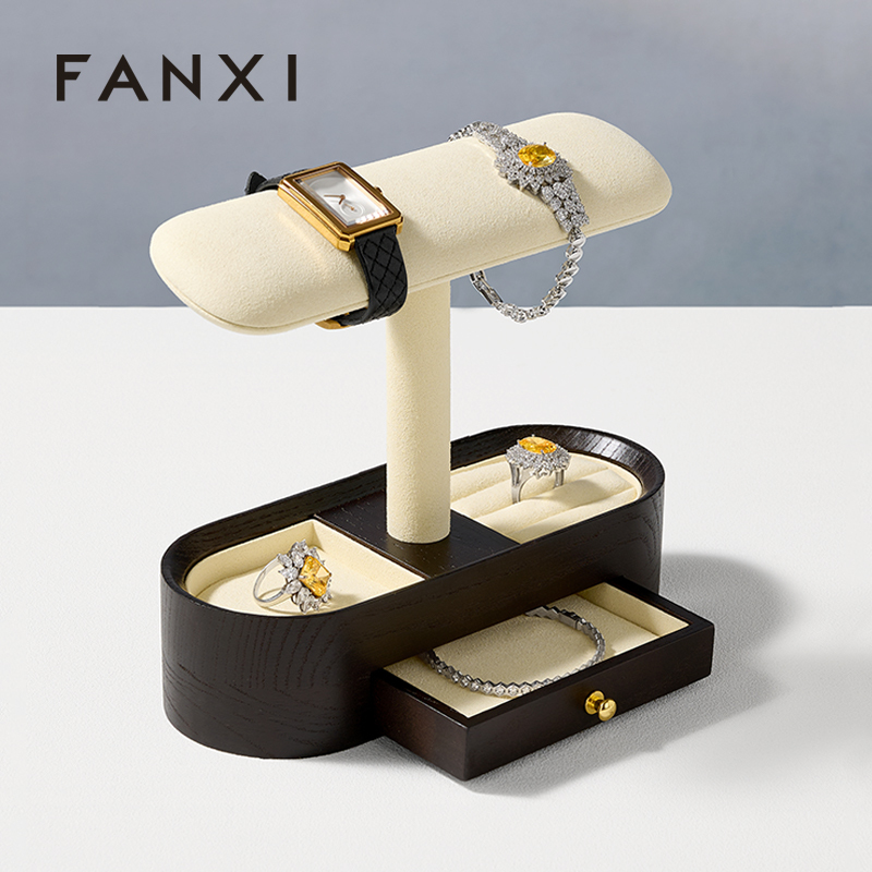 FANXI New Arrival Beige Solid Wood Solid MicrofiberJewelry Rack