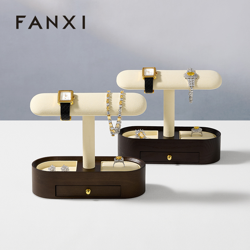 FANXI New Arrival Beige Solid Wood Solid MicrofiberJewelry Rack