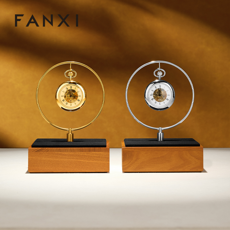FANXI Luxury Gold Solid Wood Metal Clock Display Stand