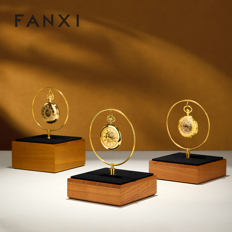 FANXI Luxury Gold Solid Wood Metal Clock Display Stand
