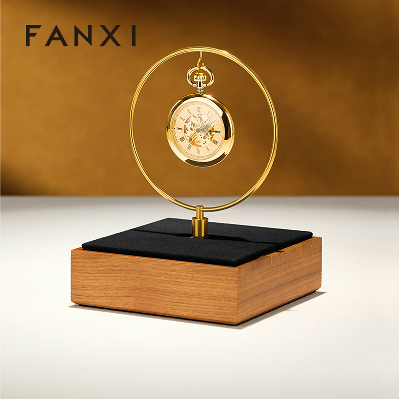 FANXI Luxury Gold Solid Wood Metal Clock Display Stand