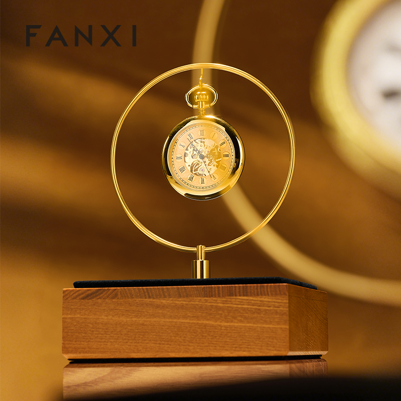 FANXI Luxury Gold Solid Wood Metal Clock Display Stand
