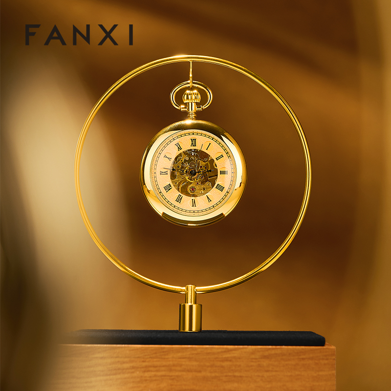 FANXI Luxury Gold Solid Wood Metal Clock Display Stand