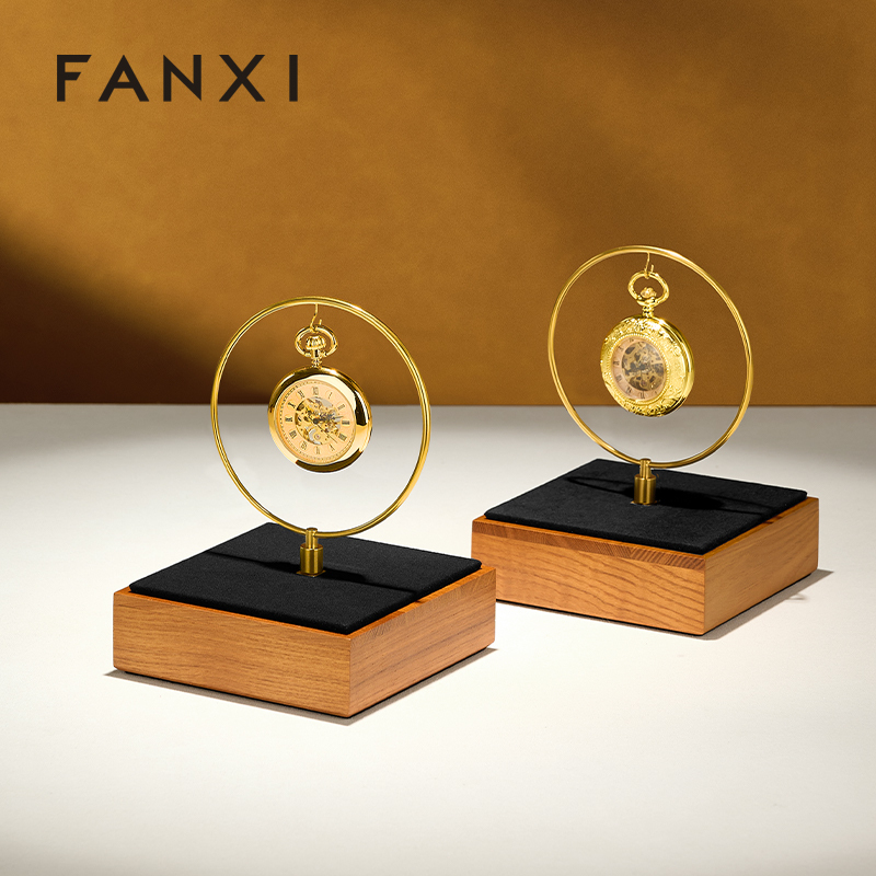 FANXI Luxury Gold Solid Wood Metal Clock Display Stand