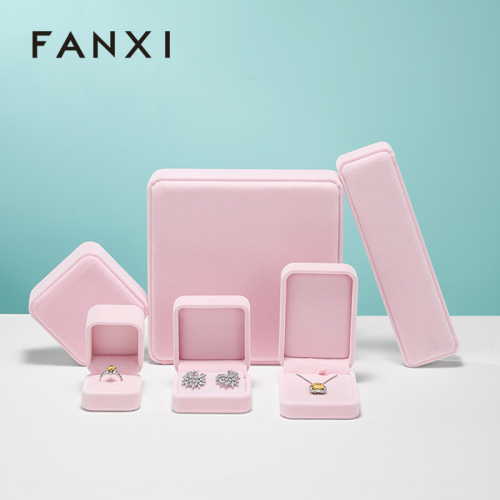 FANXI Custom Logo Wedding Gift Boxes For Ring Necklace Bracelet Bangle Earrings Packing Pink Velvet Jewelry Packaging Box