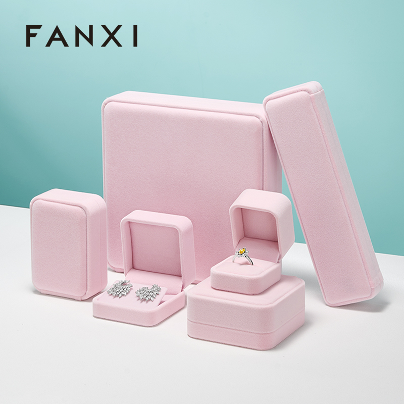FANXI Custom Logo Wedding Gift Boxes For Ring Necklace Bracelet Bangle Earrings Packing Pink Velvet Jewelry Packaging Box