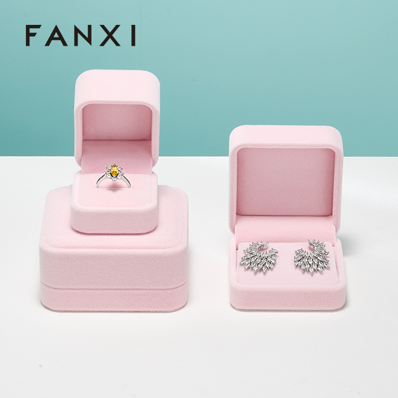 FANXI Custom Logo Wedding Gift Boxes For Ring Necklace Bracelet Bangle Earrings Packing Pink Velvet Jewelry Packaging Box