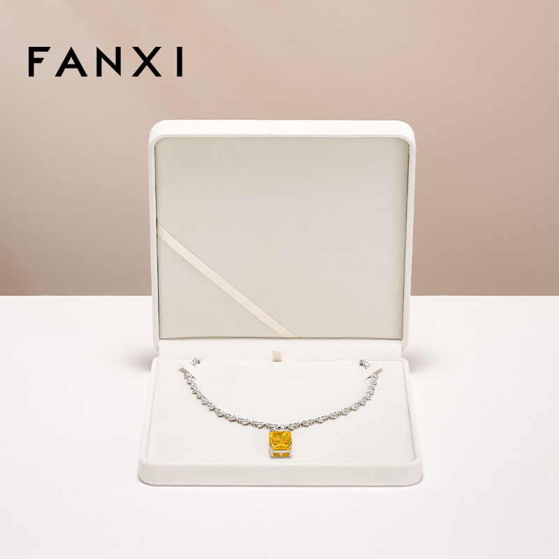 FANXI Custom Logo Luxury Plastic Packaging Boxes For Ring Earrings Necklace Bracelet Packing For Beige Velvet Jewellery Box