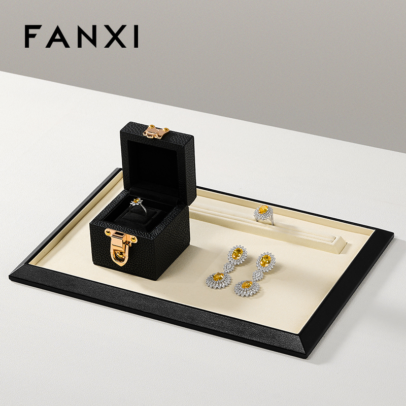 FANXI Fashion Beige Leather Microfiber Jewelry Tray