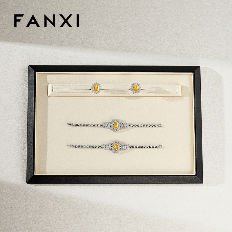 FANXI Fashion Beige Leather Microfiber Jewelry Tray