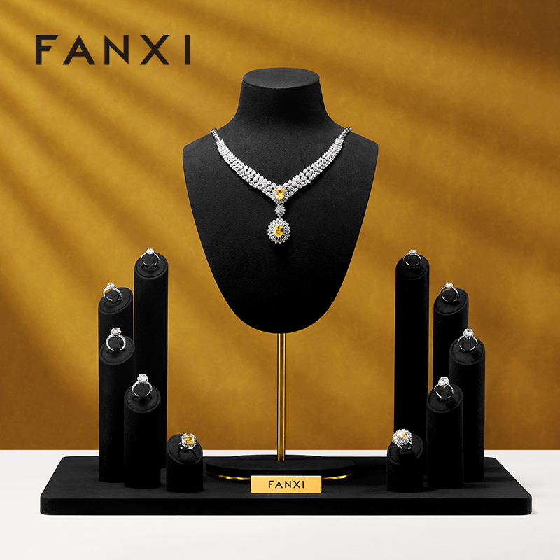FANXI Luxury Black Metal Microfiber Jewelry Display Sets