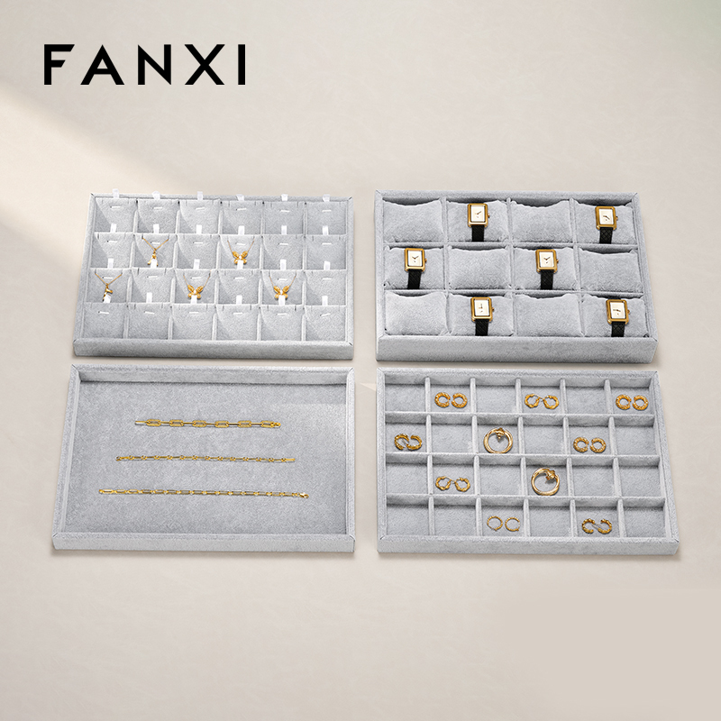 FANXI Wholesale Silver Gray Velvet Jewelry Display Tray