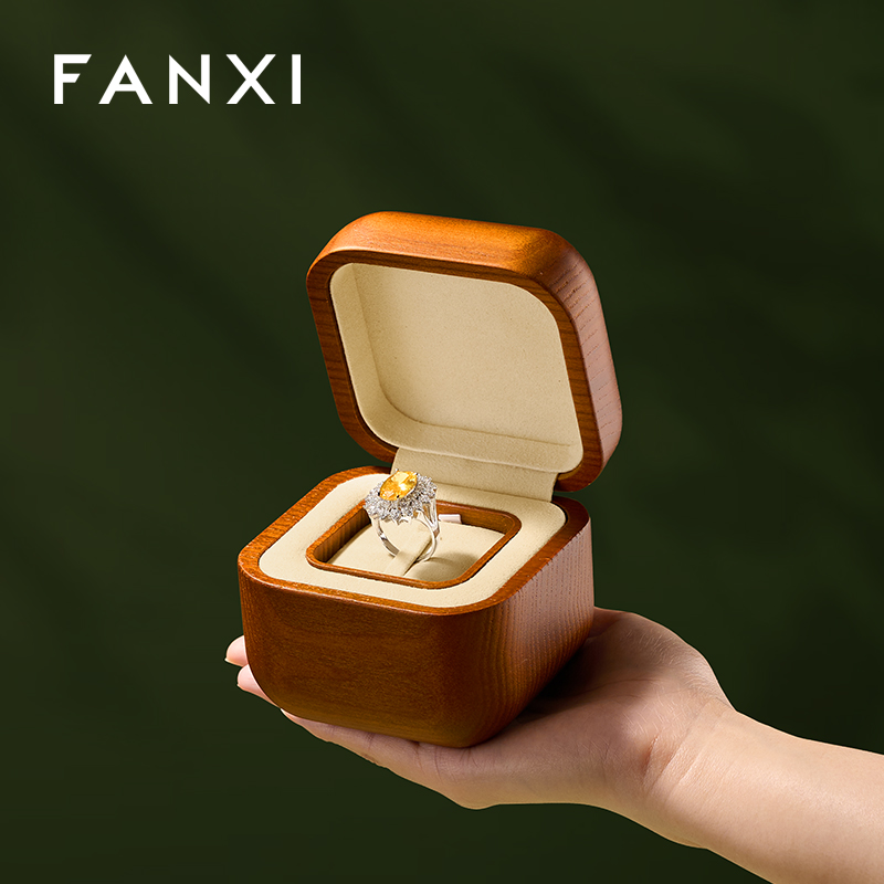 FANXI New arrival Beige Wooden Microfiber Ring Box