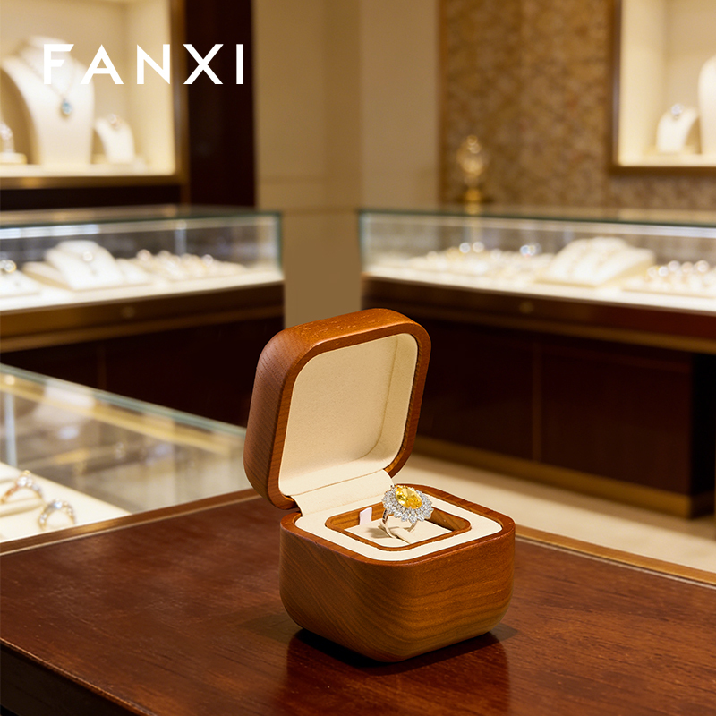 FANXI New arrival Beige Wooden Microfiber Ring Box
