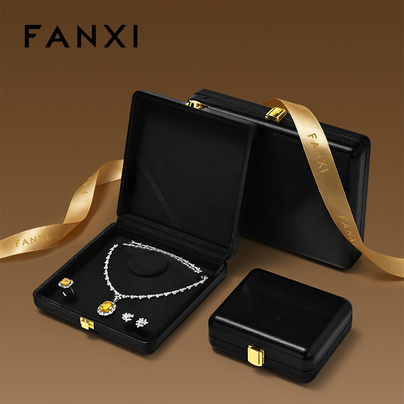 FANXI Luxury Beige PU Leather Velvet Jewelry Box