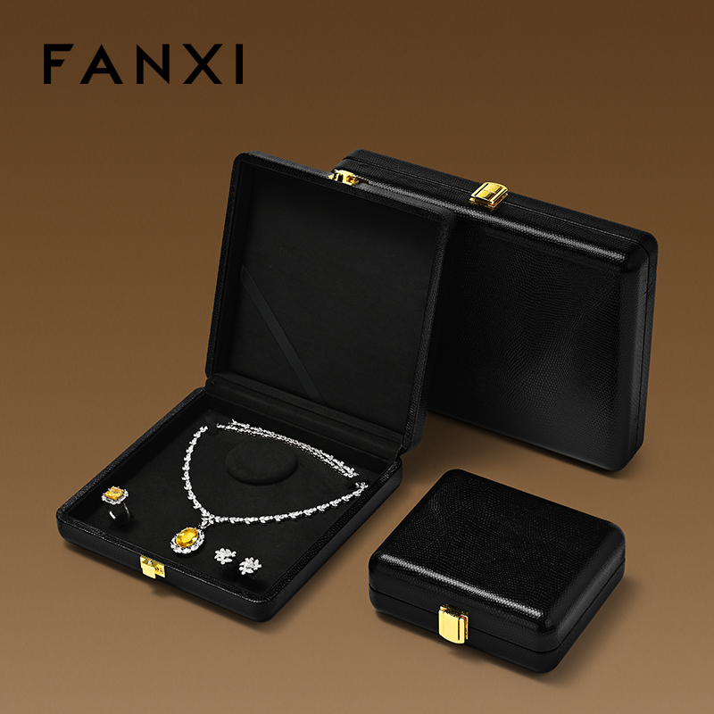FANXI Luxury Beige PU Leather Velvet Jewelry Box
