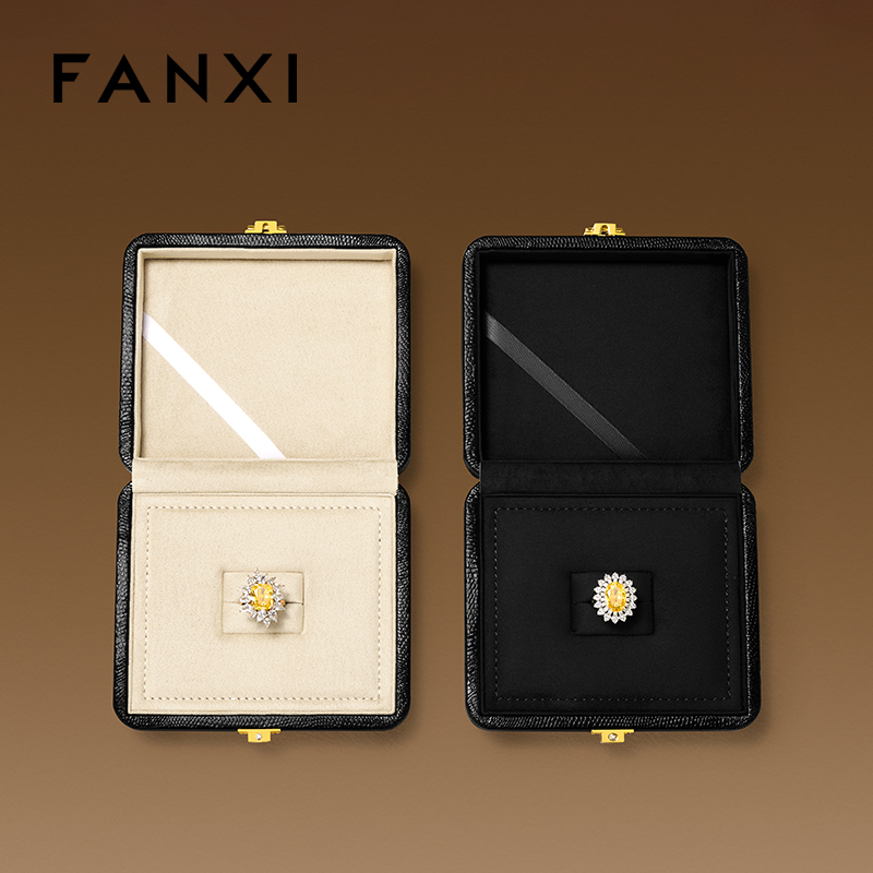 FANXI Luxury Beige PU Leather Velvet Jewelry Box