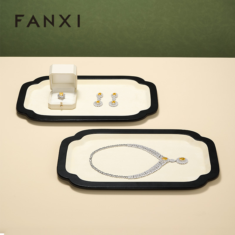 FANXI Luxury Beige PU Leather Velvet Jewelry Plate