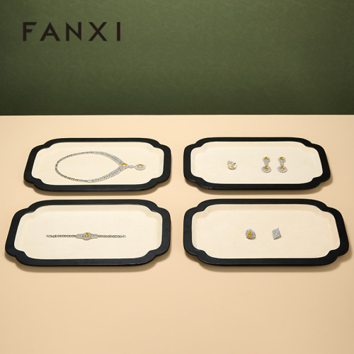 FANXI Luxury Beige PU Leather Velvet Jewelry Plate