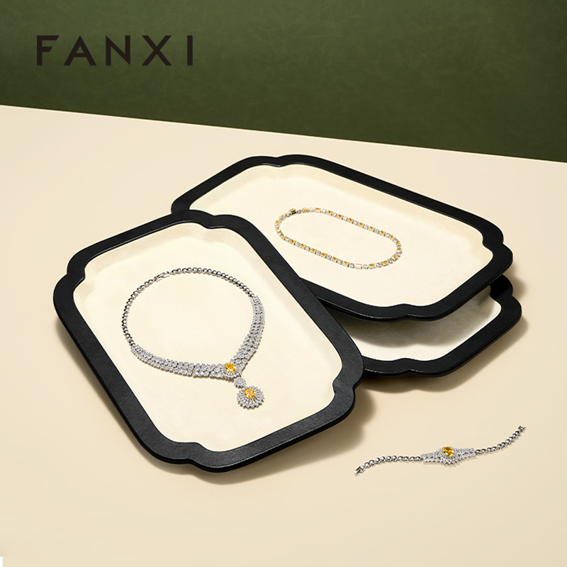 FANXI Luxury Beige PU Leather Velvet Jewelry Plate