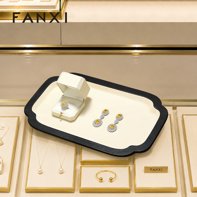 FANXI Luxury Beige PU Leather Velvet Jewelry Plate