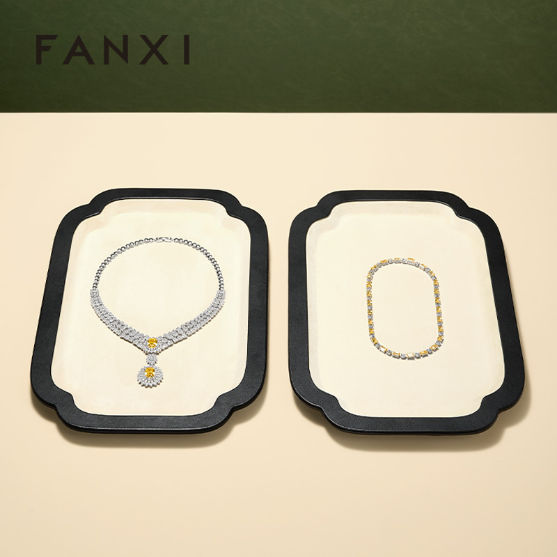 FANXI Luxury Beige PU Leather Velvet Jewelry Plate