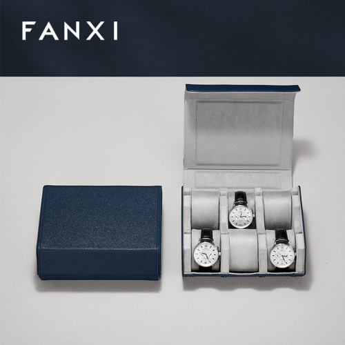 FANXI Fashion Blue PU Leather Velvet Watch Storage Bag