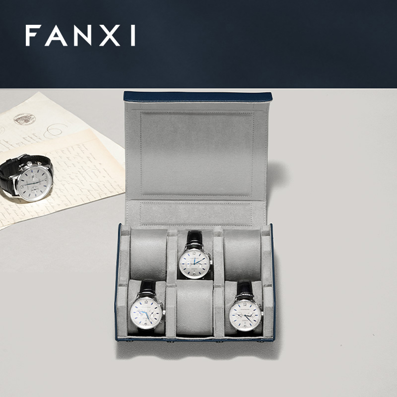 FANXI Fashion Blue PU Leather Velvet Watch Storage Bag