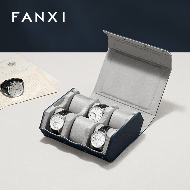 FANXI Fashion Blue PU Leather Velvet Watch Storage Bag