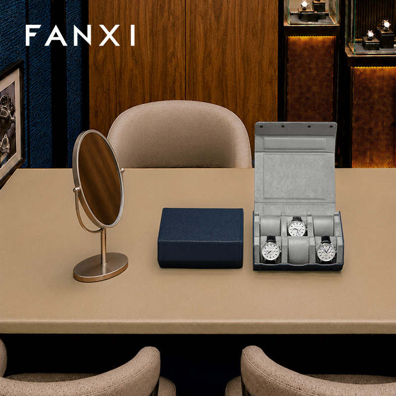 FANXI Fashion Blue PU Leather Velvet Watch Storage Bag