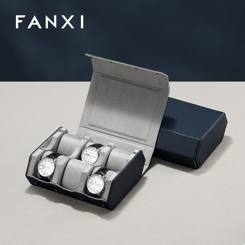 FANXI Fashion Blue PU Leather Velvet Watch Storage Bag