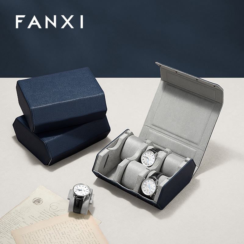 FANXI Fashion Blue PU Leather Velvet Watch Storage Bag