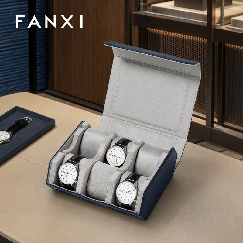 FANXI Fashion Blue PU Leather Velvet Watch Storage Bag