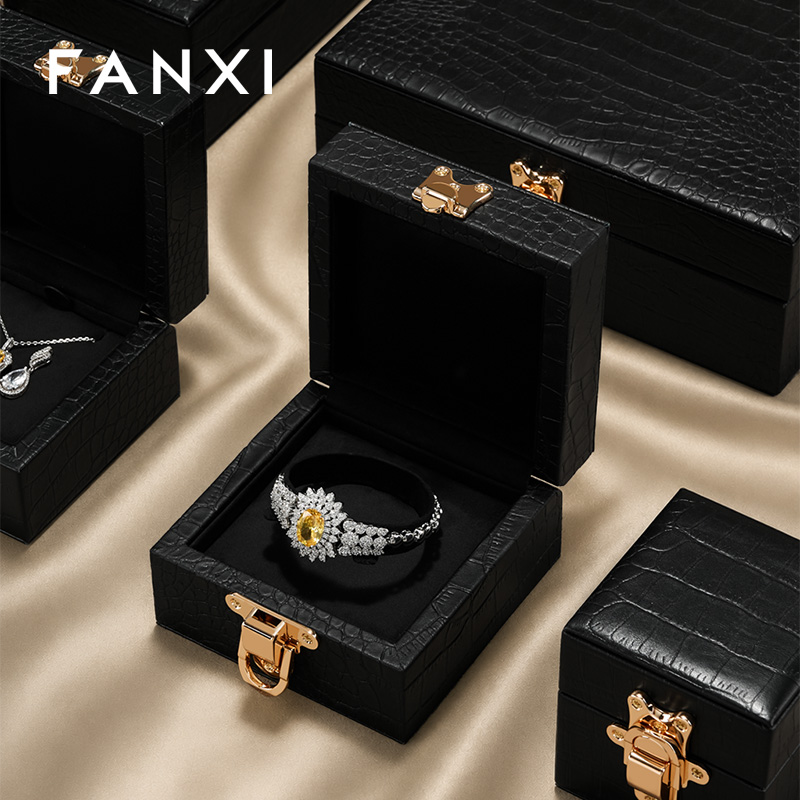 FANXI Luxury Black Leather Velvet Jewelry Box